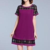 Plus Size Casual/Daily Simple Loose Dress, Solid Mesh Round Neck Above Knee Short Sleeve Polyester Blue Pink Black Purple Summer Mid Rise