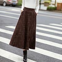 Plus Size A Line Solid Pleated Skirts, Going out Simple Mid Rise Midi Button Polyester Micro-elastic Winter