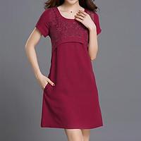 Plus Size Casual/Daily Simple Loose Dress, Solid Round Neck Above Knee Short Sleeve Linen Red Green Summer Mid Rise Inelastic