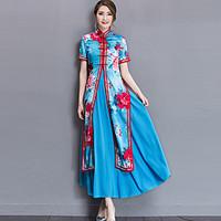 Plus Size Going out Chinoiserie Sheath Dress, Print Layered Split Crew Neck Maxi Short Sleeve Polyester Nylon Blue Spring Summer Mid Rise