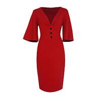 Plus Size Party Vintage Bodycon Dress, Solid Deep V Knee-length ½ Length Sleeve Polyester Spandex Blue Red Summer High Rise