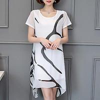 Plus Size Casual/Daily Simple Chiffon Dress, Solid Print Round Neck Above Knee Short Sleeve Acrylic White Black Summer Mid Rise Inelastic