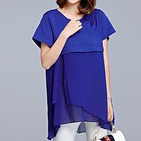Plus Size Casual/Daily Simple Summer Blouse, Solid Round Neck Short Sleeve Blue Red Black Polyester Medium