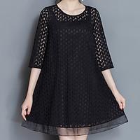 Plus Size Casual/Daily Work Sexy Simple Cute Loose Dress, Solid Round Neck Above Knee ¾ Sleeve Others Black Summer High Rise Micro-elastic