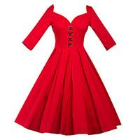 Plus Size Party Vintage Sheath Dress, Solid Deep V Knee-length ½ Length Sleeve Cotton Polyester Blue Red Green Summer High Rise