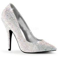 Pleaser Shoes Seduce-420RS Silver Satin Clear Crystal Adorned Court Shoes