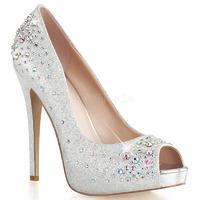 Pleaser Fabulicious Shoes Heiress-22R Peep-Toe Silver Glitter Crystals Platform Shoes