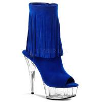 Pleaser Shoes Delight-1019 Open Toe Fringed Blue Ankle Platform Boots