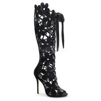 Pleaser Shoes Amuse-2020 Black Velvet Floral Patterned Knee High Boots Stiletto Heels