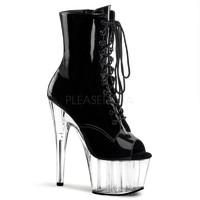 Pleaser Adore-1021 Black Patent Peep Toes Ankle Boots Clear Platform