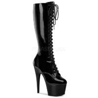 Pleaser Adore-2023 Black Patent Knee High Boots Front Lace-Up
