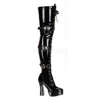 Pleaser Shoes Electra-3028 Black Patent Thigh Boots Block Heel
