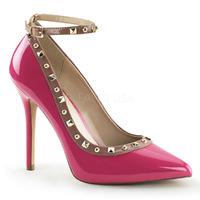 Pleaser Shoes Amuse-28 Hot Pink & Rose Patent Studded Court Shoes Ankle Strap Stiletto Heels
