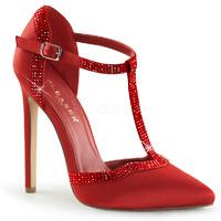 Pleaser Shoes Sexy-25 Red Satin D\'Orsay T-Strap Pointed Toe Court Shoes With Stiletto Heels