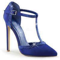 Pleaser Shoes Sexy-25 Blue Satin D\'Orsay T-Strap Pointed Toe Court Shoes With Stiletto Heels