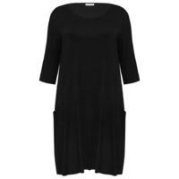 Plus ladies black three quarter length sleeve scoop neck pocket front swing dress - Black