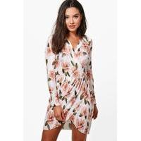 Pleat Rose Print Wrap Dress - white