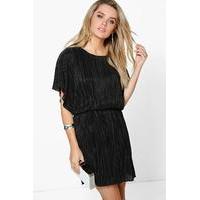 Pleated Kimono Sleeve Skater Dress - black