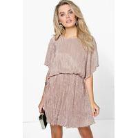 Pleated Kimono Sleeve Skater Dress - sand