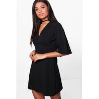 Pleat Top Kimono Sleeve Skater Dress - black