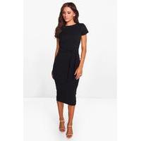 Pleat Front Belted Tailored Midi Dress - black