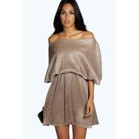 Pleated Metallic Skater Dress - gold