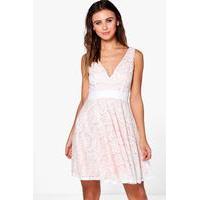 Plunge All Over Lace Skater Dress - cream