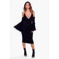 Plunge Cold Shoulder Flared Sleeved MiDress - black