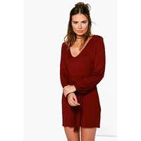 Plunge Neck A-Line Skater Dress - wine