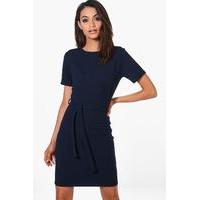 pleat front belted tailored dress navy