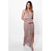 Plunge Metallic Pleated Maxi Dress - gold