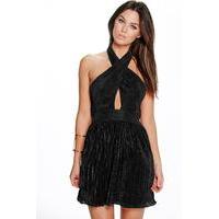 Pleated Cross Over Skater Dress - black