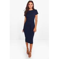 Pleat Front Belted Tailored Midi Dress - navy