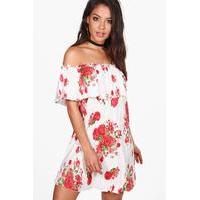 Pleat Floral Off Shoulder Double Layer Swing Dress - ivory