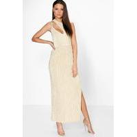 pleated cut out detail thigh split maxi dress gold