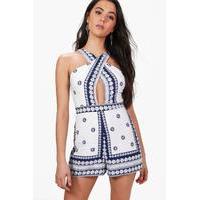 Plunge Strappy Border Print Playsuit - white