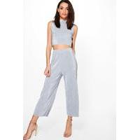 pleated high neck crop culotte co ord set silver