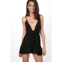plunge tie front strappy playsuit black