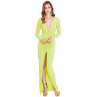 Plunge Neck And Ruched Front Maxi Dress - Lime