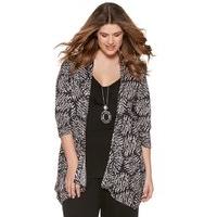 Plus ladies pull on three quarter length sleeve mock layer printed monochrome cardigan top - Black