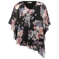 Plus Ladies Half Sleeve V Neck floral print sheer asymmetric hem tunic top - Black