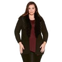 Plus ladies faux fur collar black chunky knit longline cosy cardigan - Black