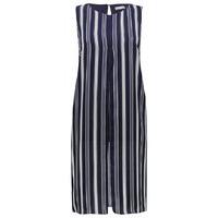 Plus ladies sleeveless stripe print button back split detail tunic top - Navy