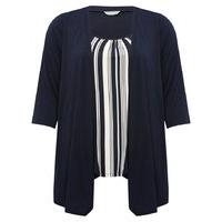 Plus Ladies 2 in 1 Statement Striped Print Top And Navy Jersey Cardigan Layer - Navy