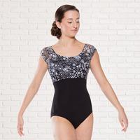 plume printed lace cap sleeved leotard