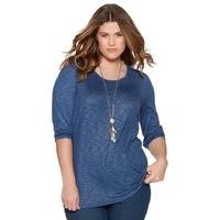 Plus size three quarter sleeve crochet trim cotton rich casual jersey top - Chambray