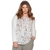 Plus ladies long sleeve floral print body keyhole fasten light stretch summer top - Ivory