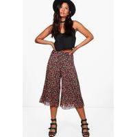 Pleated Floral Woven Culottes - black