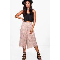 Pleated Floral Woven Culottes - ivory