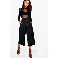 Pleated Waist Wide Leg Culottes - black